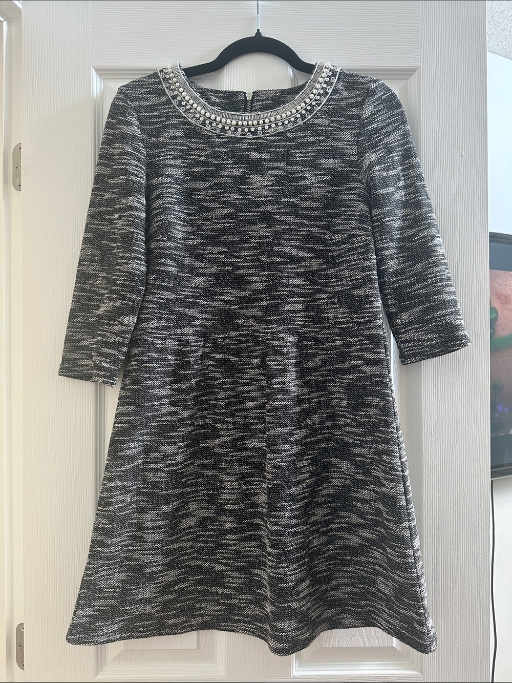 Jules & Leopold Black and White Textured Knit Mini with Beaded Collar